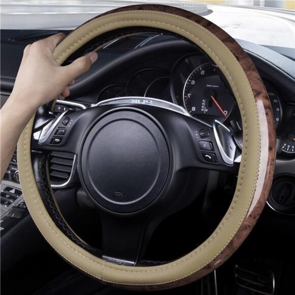 Wood Grain 14.5-15 inch Microfiber Leather Steering Wheel Cover, Anti-Slip - Picture 3 of 7